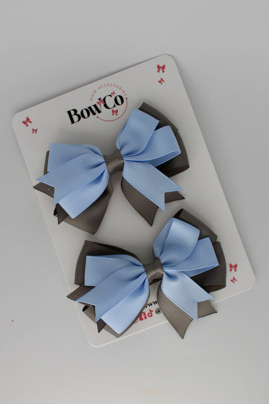 3 Inch Double Tail Bow - Clip - 2 Pack - Bluebell and Metal Grey