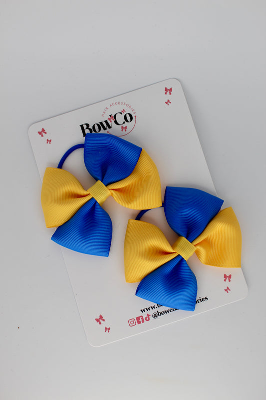 3 Inch Twist Bow - 2 Pack - Elastic Band - Royal Blue and Yellow Gold