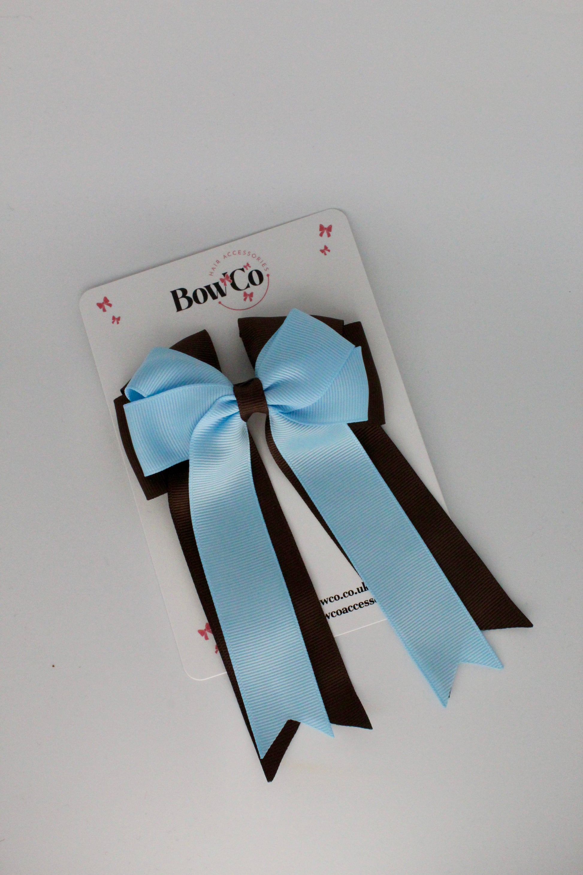 4.5 Inch Ponytail Large Double Tail Bow - Blue Topaz and Brown