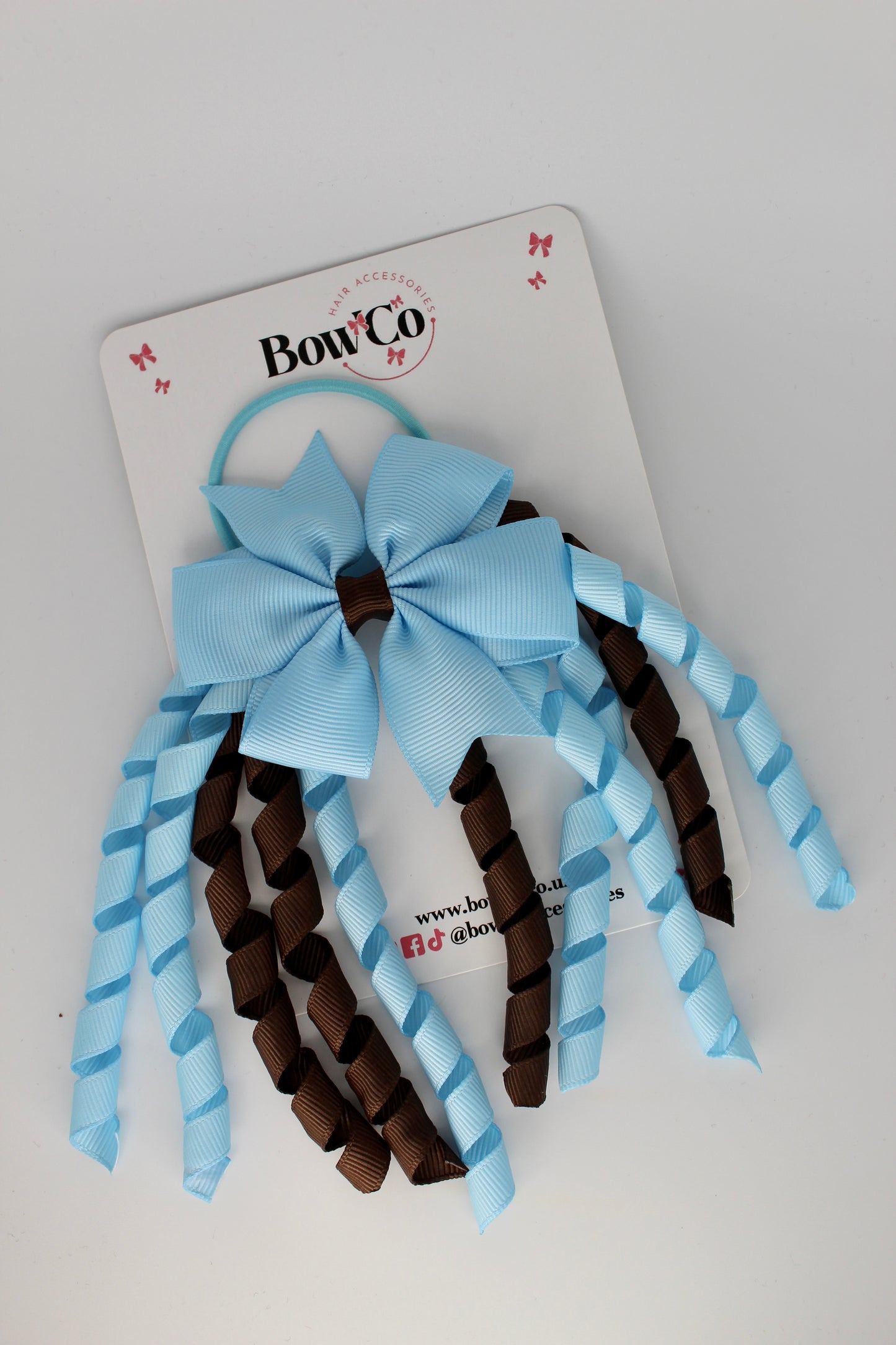 3 Inch Pinwheel Corker Bow - Elastic Bobble - Blue Topaz and Brown