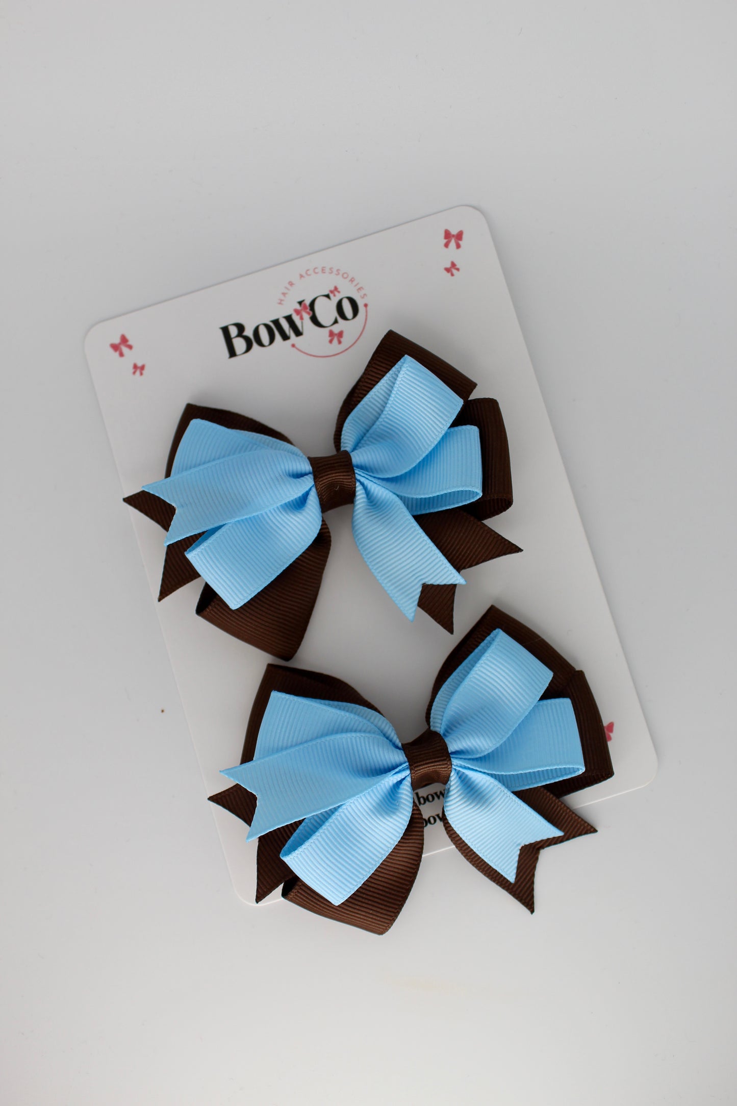 3 Inch Double Tail Bow - Clip - 2 Pack - Blue Topaz and Brown