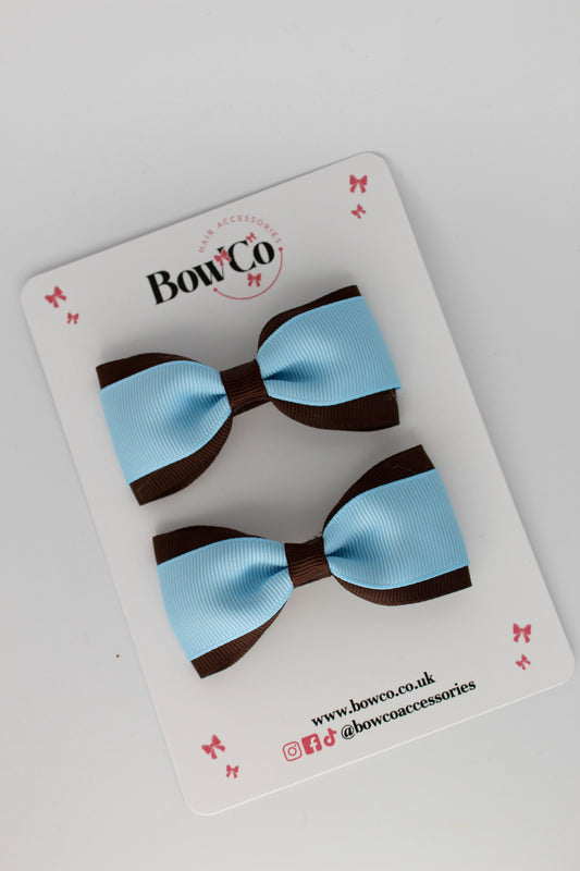 3 Inch Tuxedo Bow - Clip - 2 Pack - Blue Topaz and Brown