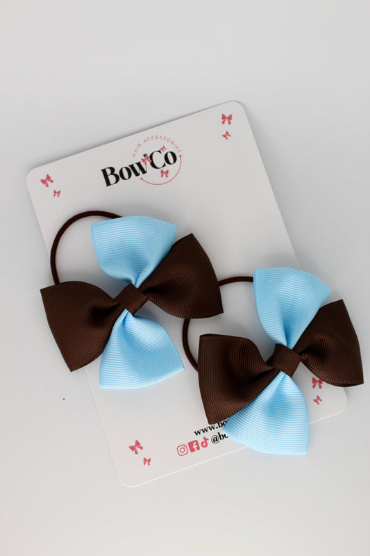 3 Inch Twist Bow - 2 Pack - Elastic Band - Blue Topaz and Brown