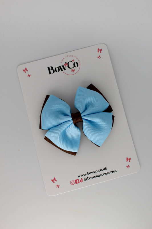 3 Inch Double Layer Bow - Clip - Blue Topaz and Brown