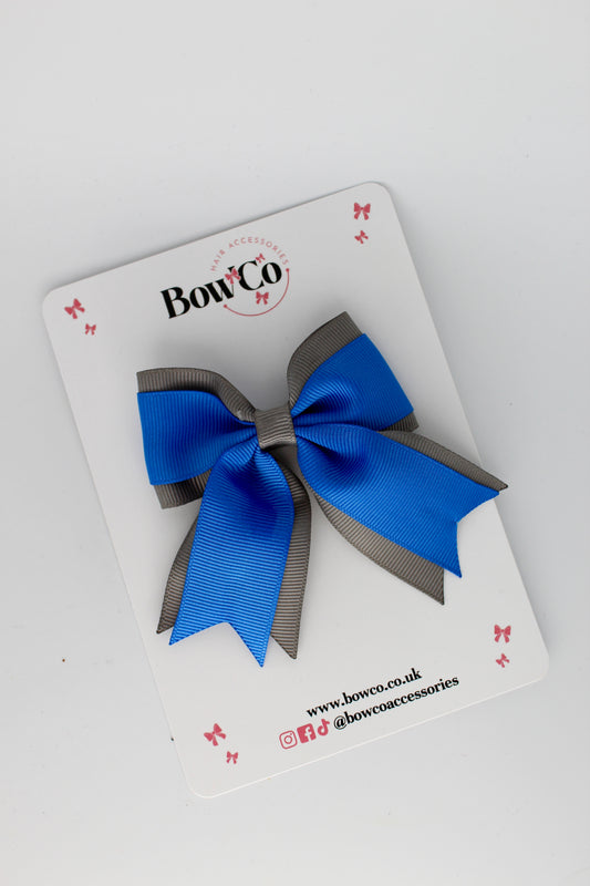 3 Inch Tail Bow Clip - Royal Blue and Metal Grey