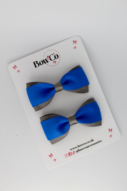 3 Inch Tuxedo Bow - Clip - 2 Pack - Royal Blue and Metal Grey