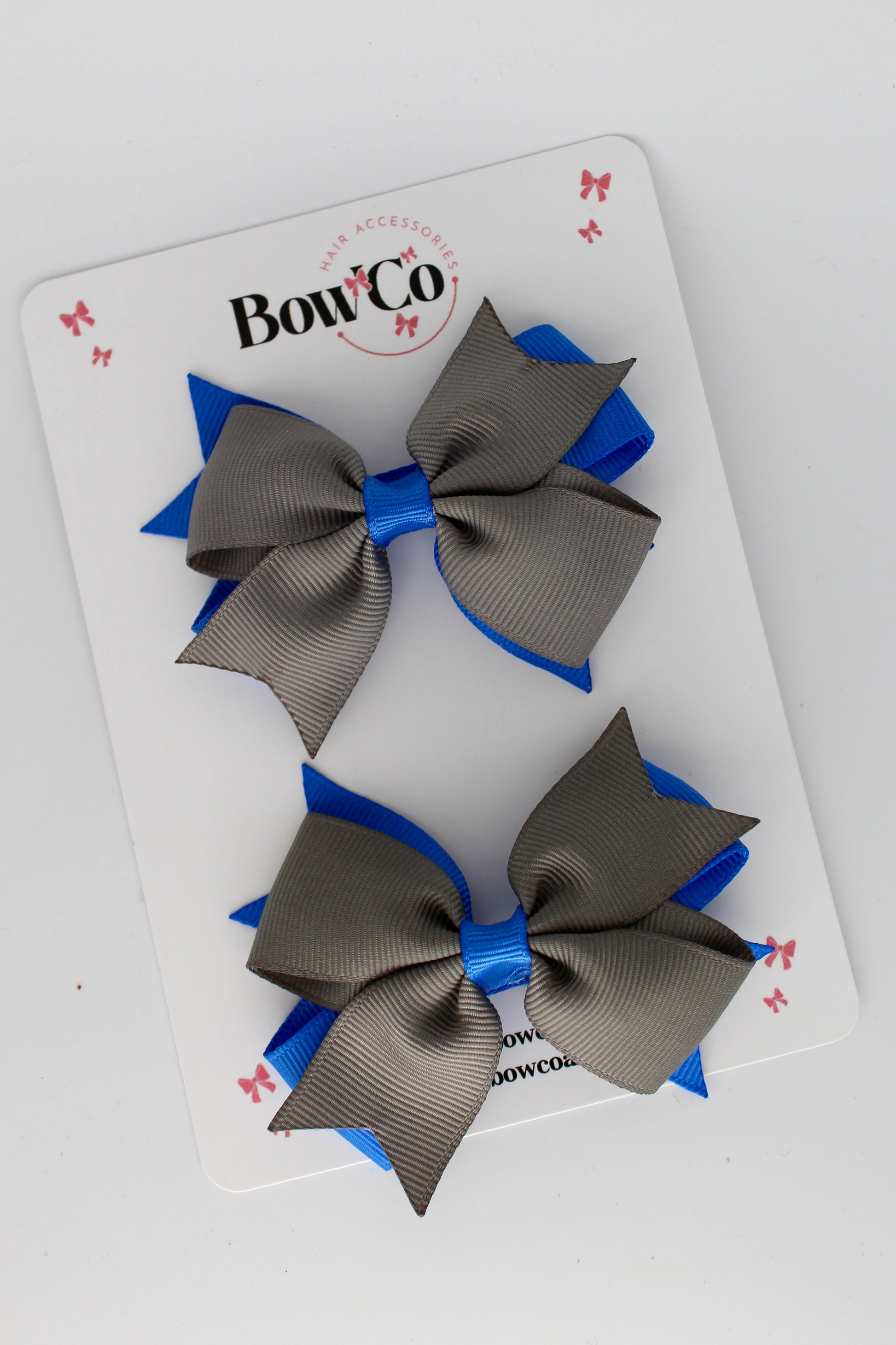 3 Inch Layer Tail Bow - Clip - 2 Pack - Royal Blue and Metal Grey