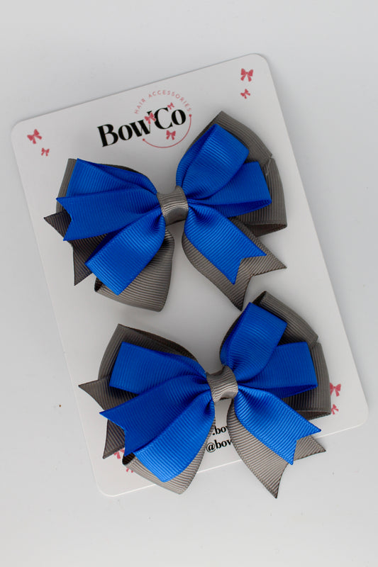 3 Inch Double Tail Bow - Clip - 2 Pack - Royal Blue and Metal Grey