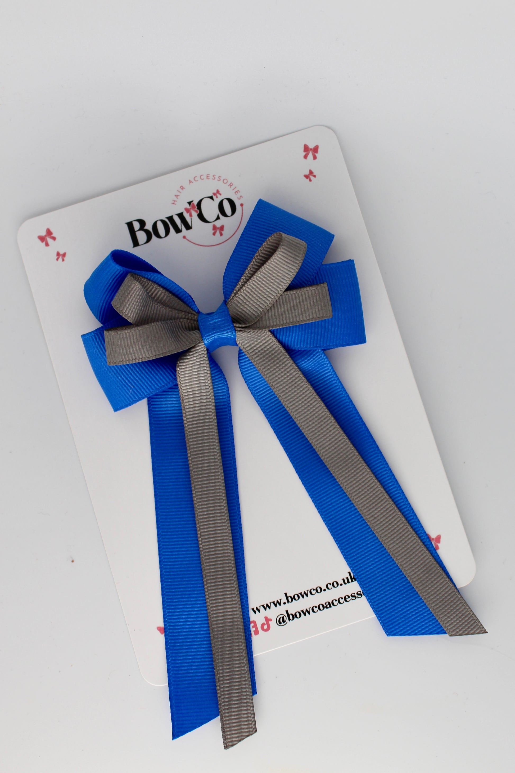 4 Inch Loop Bow Clip PonyTail - Royal Blue and Metal Grey