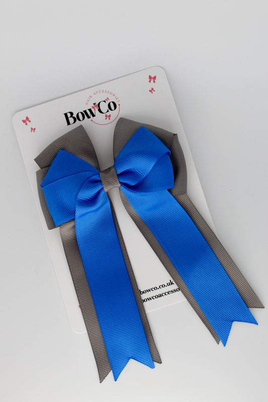 4.5 Inch Ponytail Large Double Tail Bow - Royal Blue and Metal Grey