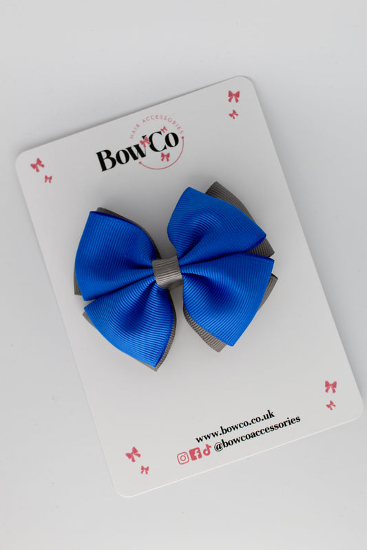 3 Inch Double Layer Bow - Clip - Royal Blue and Metal Grey