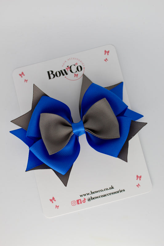 3.5 Inches Layer Bow - Clip - Royal Blue and Metal Grey
