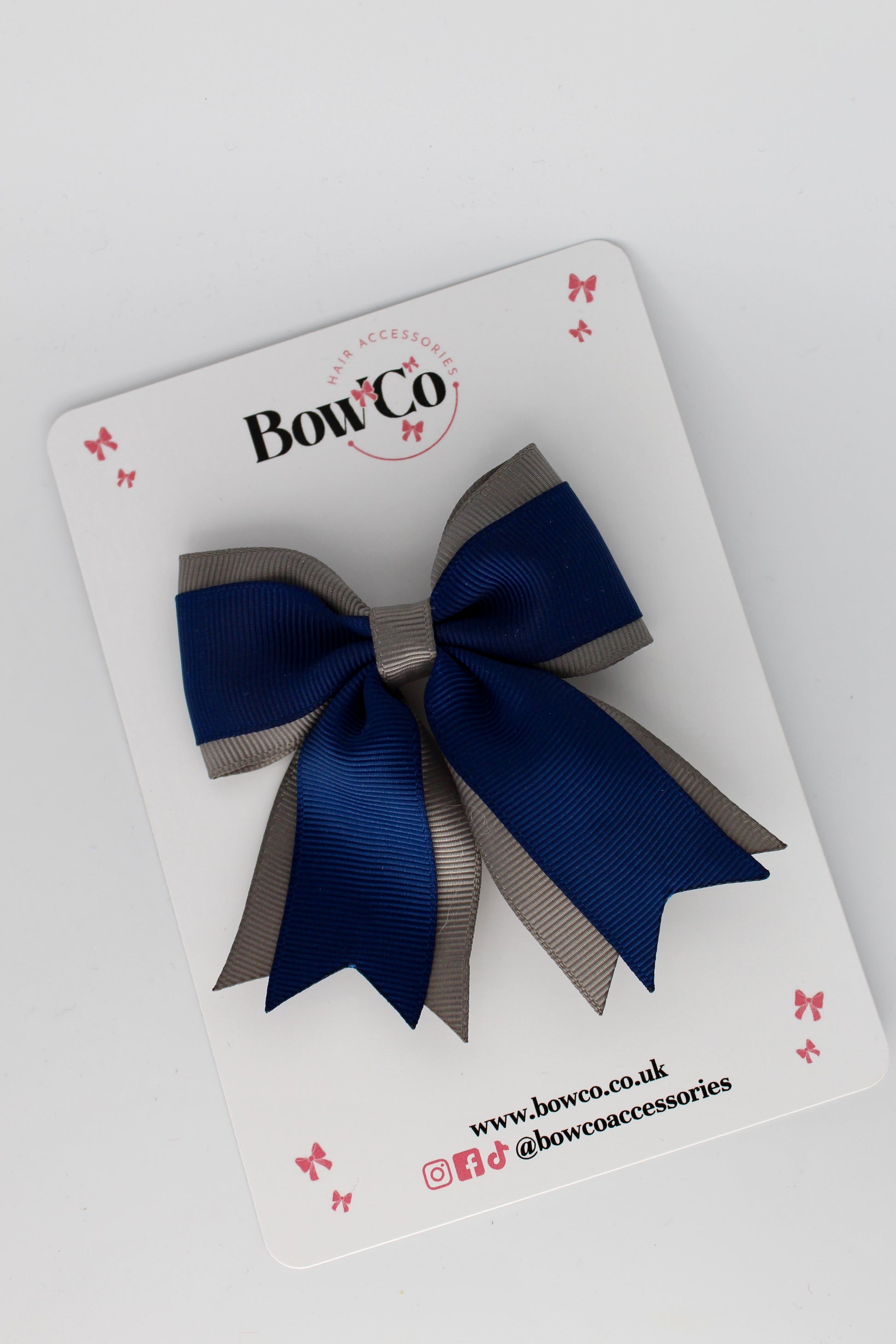 3 Inch Tail Bow Clip - Navy Blue and Metal Grey
