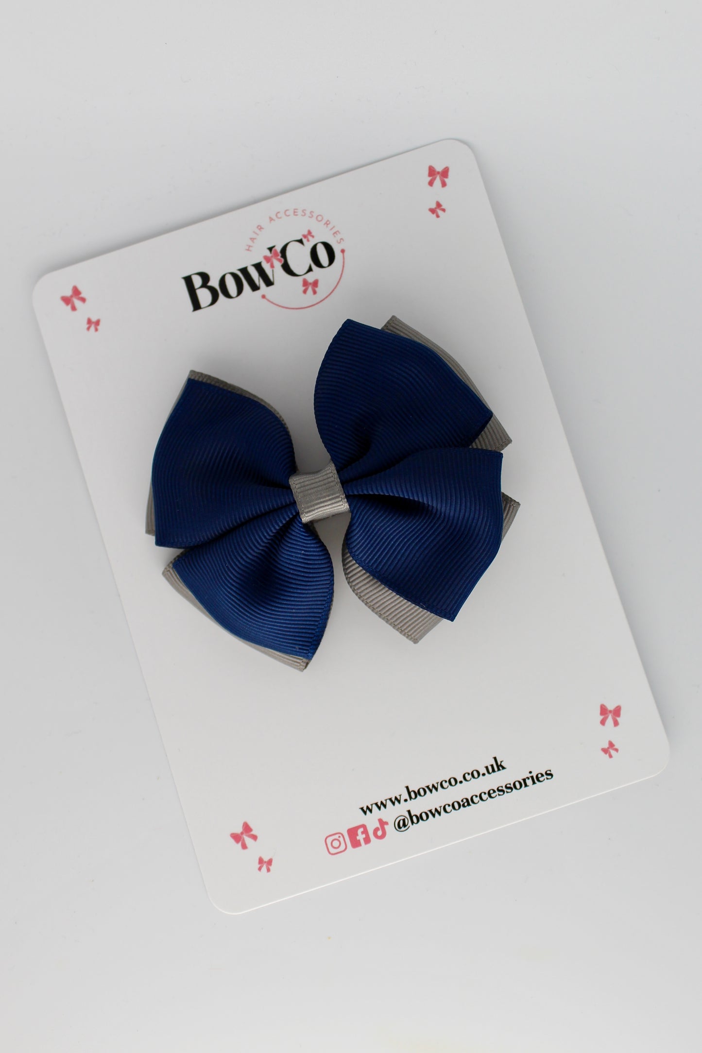 3 Inch Double Layer Bow - Clip - Navy Blue and Metal Grey
