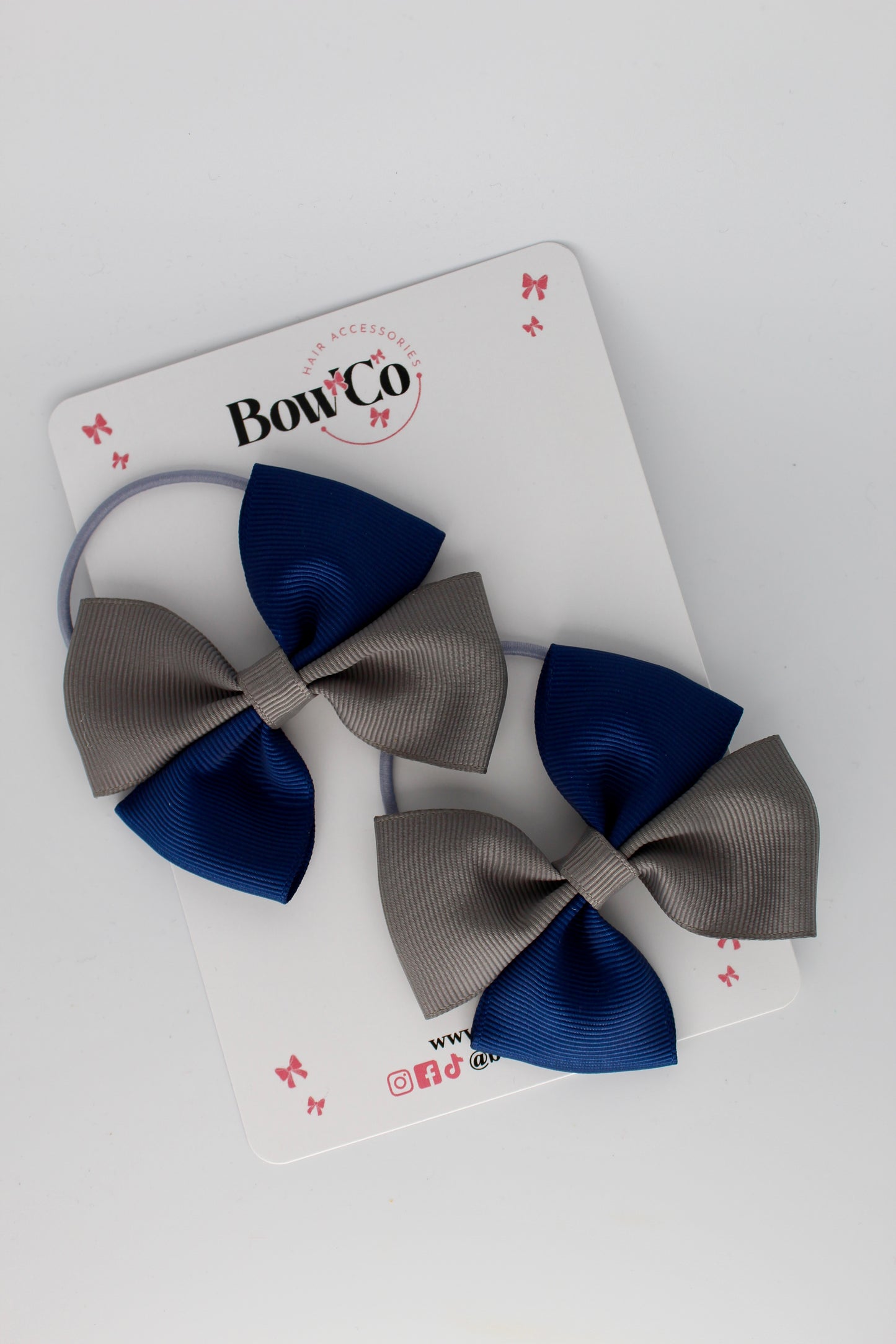 3 Inch Twist Bow - 2 Pack - Elastic Band - Navy and Metal Grey