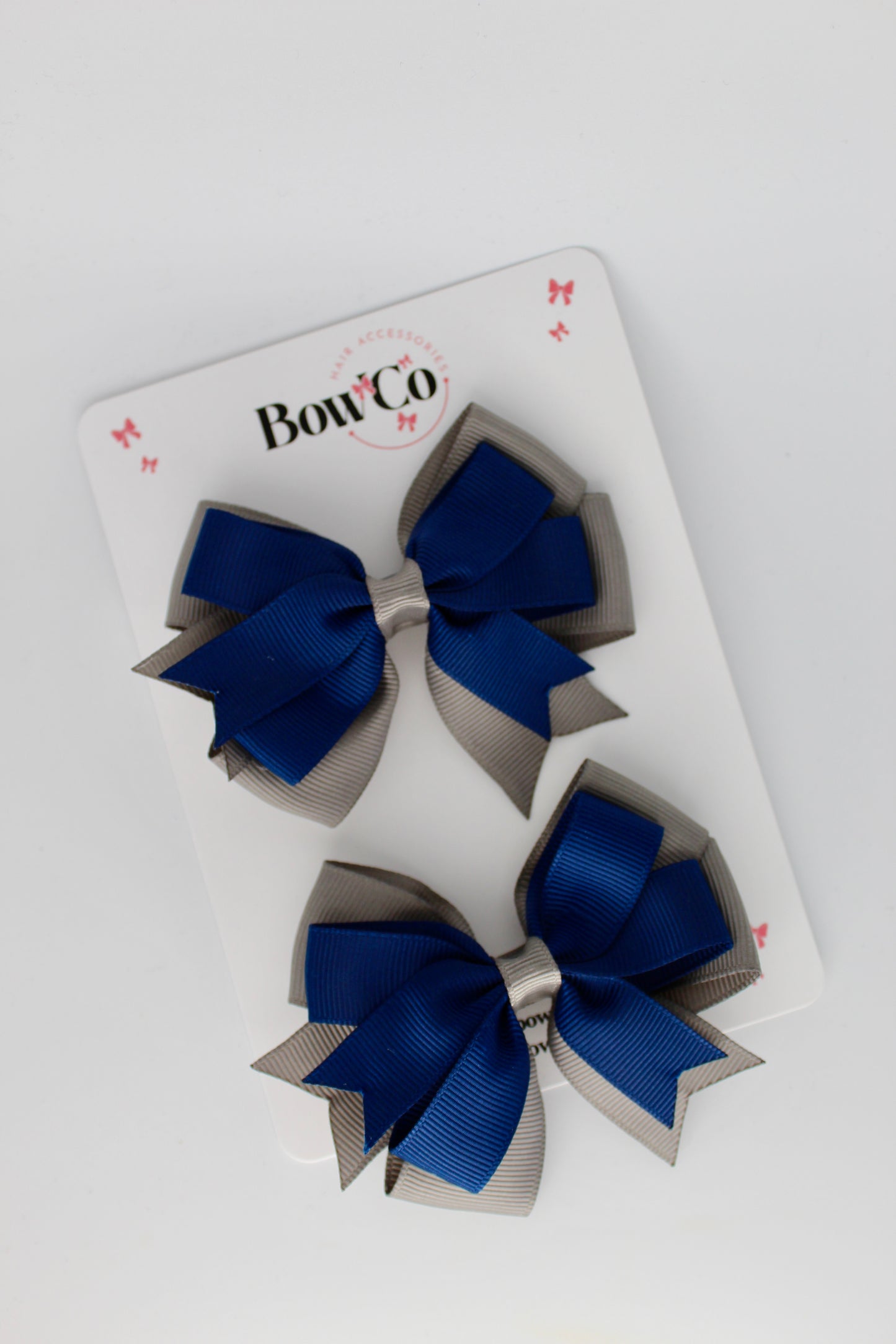 3 Inch Double Tail Bow - Clip - 2 Pack - Navy Blue and Metal Grey