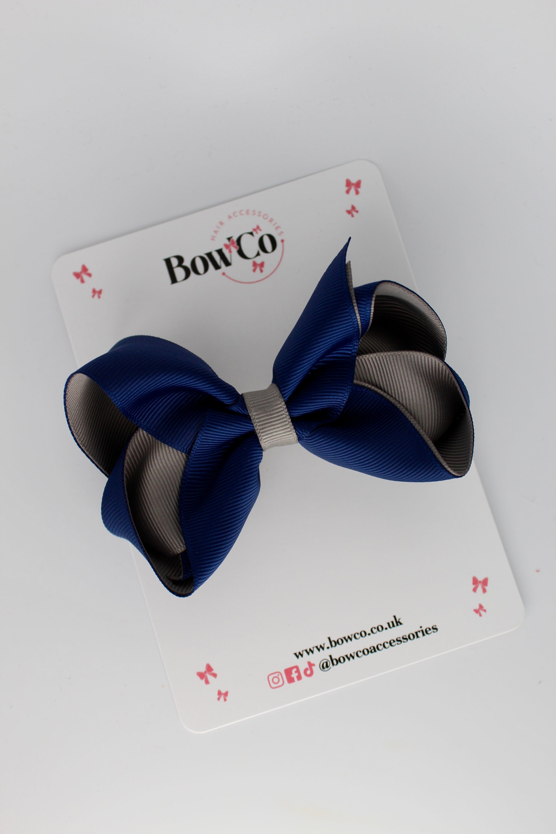 4 Inch Loop Bow - Clip - Navy Blue and Metal Grey