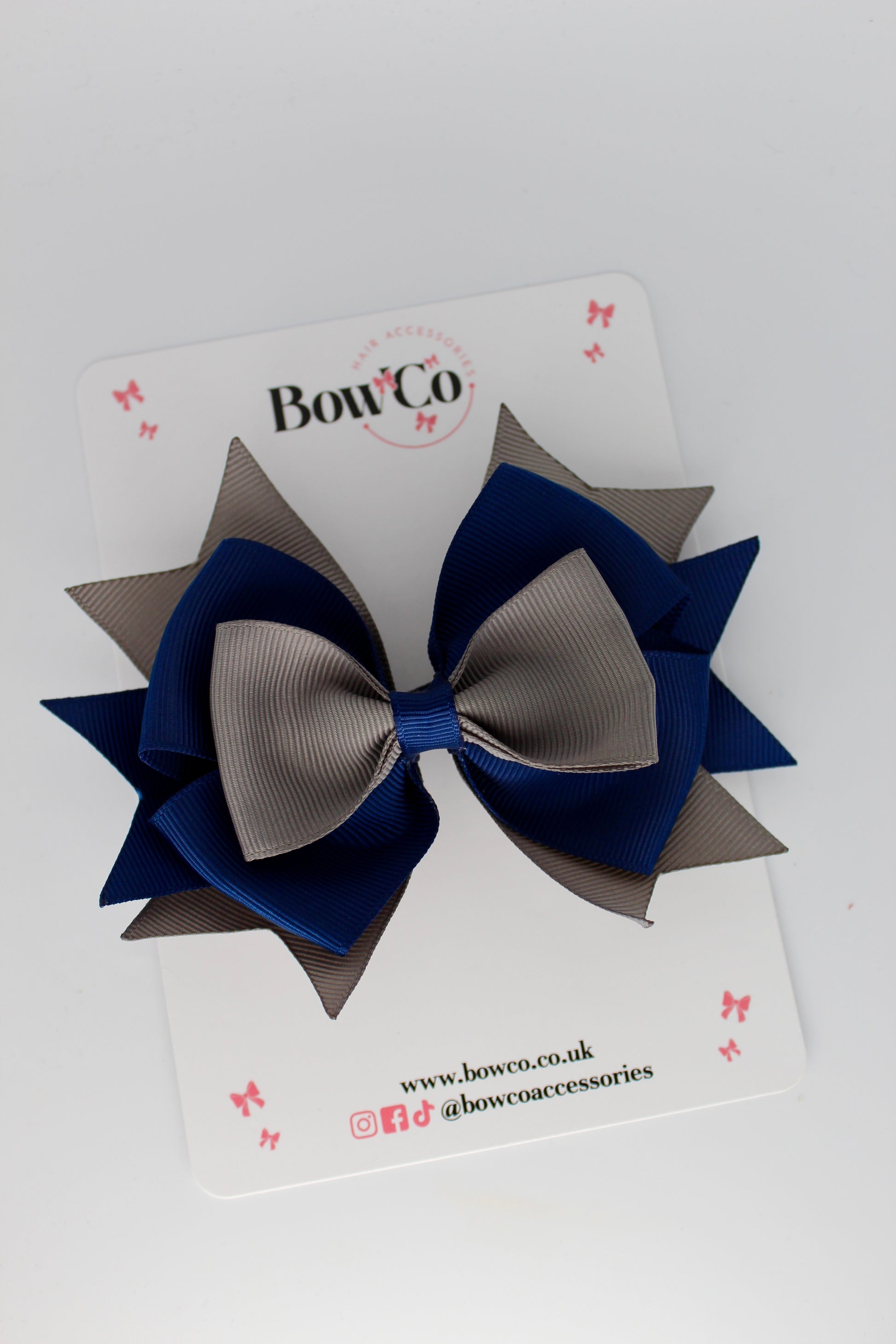 3.5 Inches Layer Bow - Clip - Navy Blue and Metal Grey