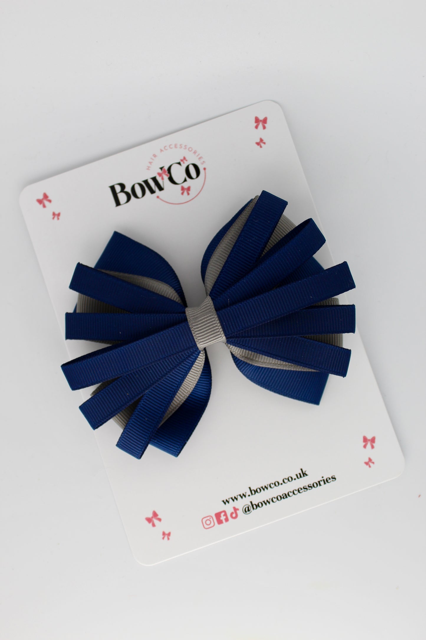 4 Inch Spiral Bow - 4 Inches - Clip - Navy Blue and Metal Grey
