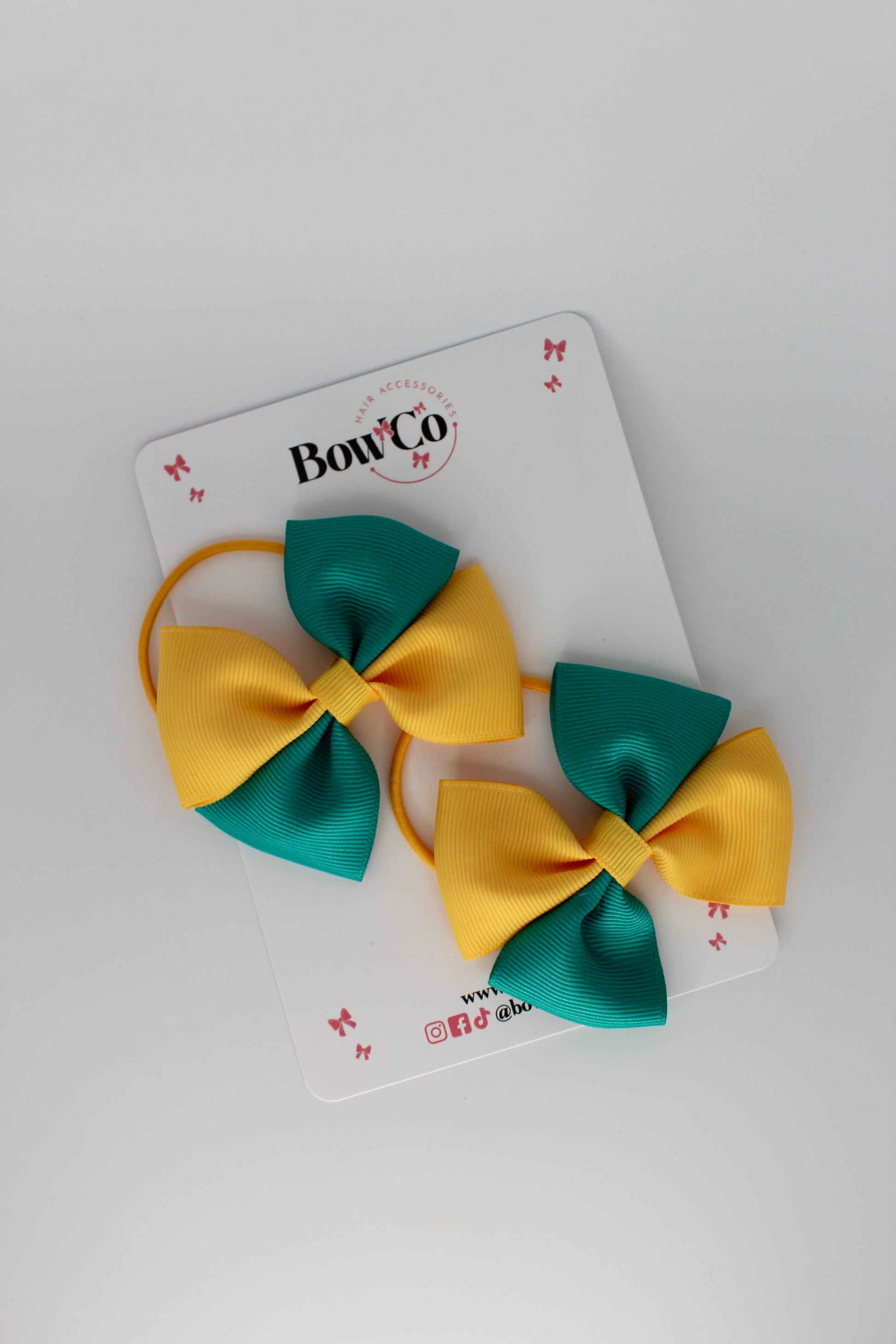 3 Inch Twist Bow - 2 Pack - Elastic Band - Jade Green and Yellow Gold