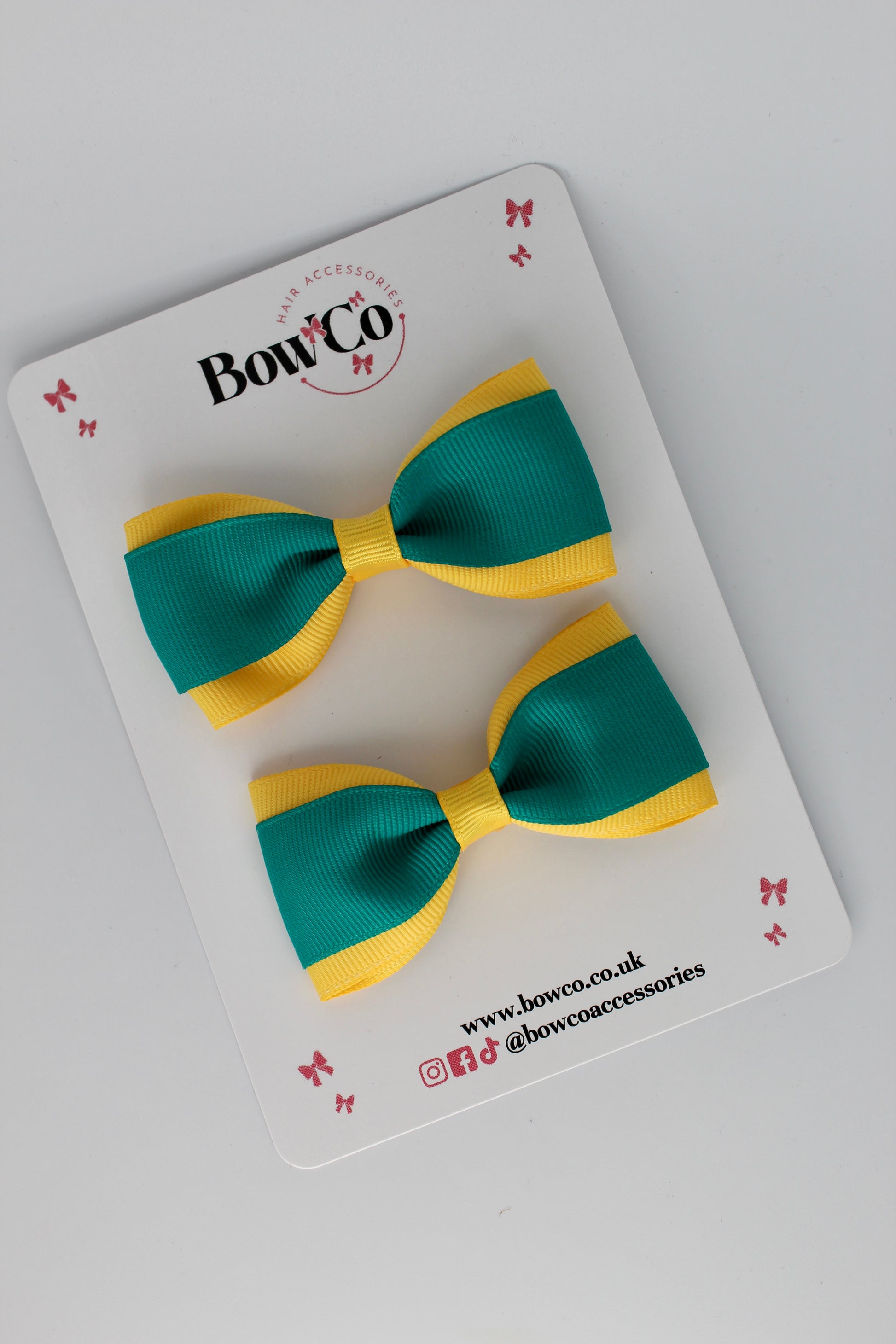 3 Inch Tuxedo Bow - Clip - 2 Pack - Jade Green and Yellow Gold