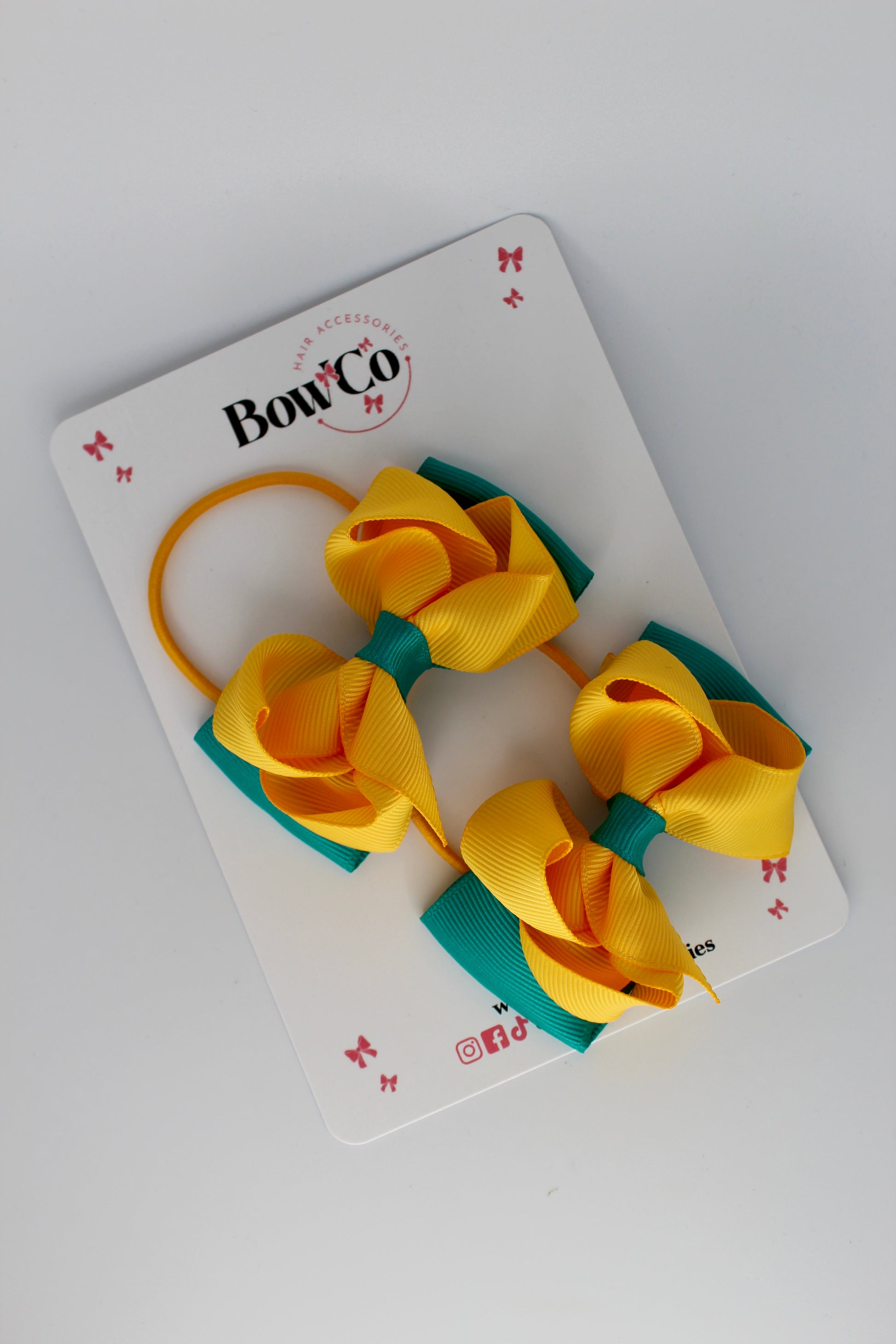 3 Inch Ruffle Bow - Elastic - 2 Pack - Jade Green and Yellow Gold