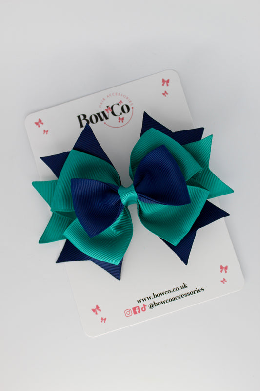 3.5 Inches Layer Bow - Clip - Jade Green and Navy