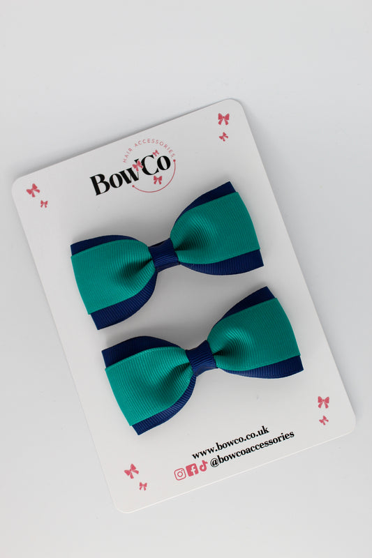 3 Inch Tuxedo Bow - Clip - 2 Pack - Jade Green and Navy