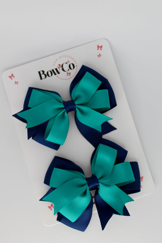 3 Inch Double Tail Bow - Clip - 2 Pack - Jade Green and Navy
