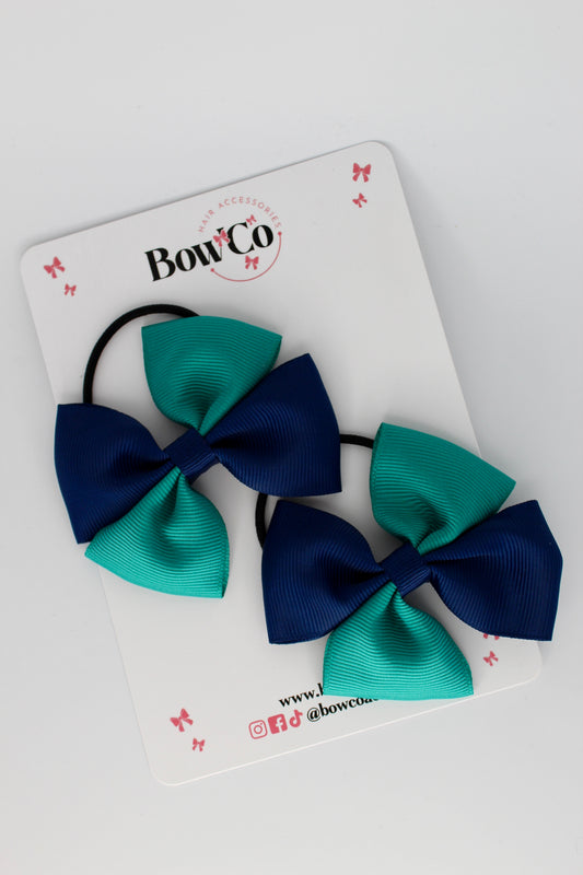 3 Inch Twist Bow - 2 Pack - Elastic Band - Jade Green and Navy Blue