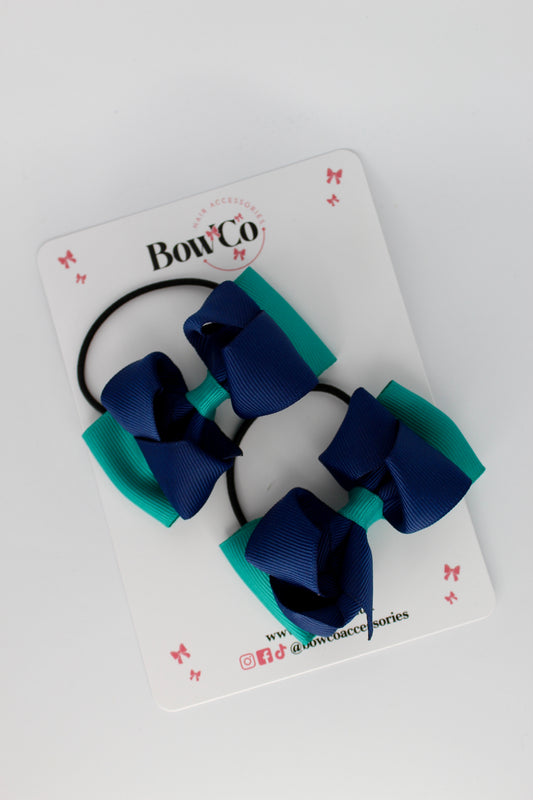 3 Inch Ruffle Bow - Elastic - 2 Pack - Jade Green and Navy Blue