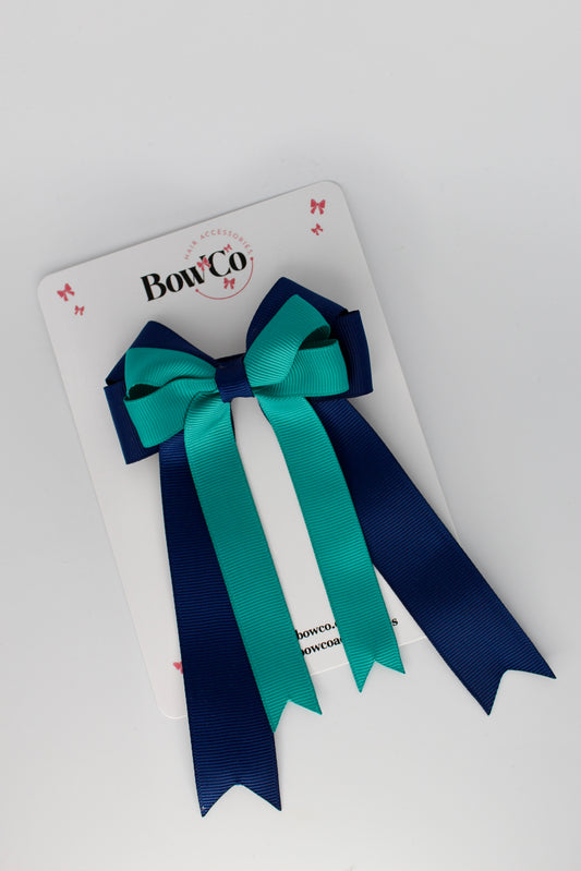 4.5 Inch Ponytail Double Bow - Jade Green and Navy