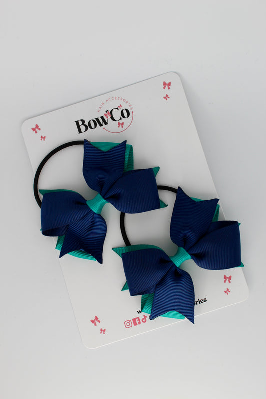3 Inch Layer Tail Bow - Elastic Bobble - 2 Pack - Jade Green and Navy Blue