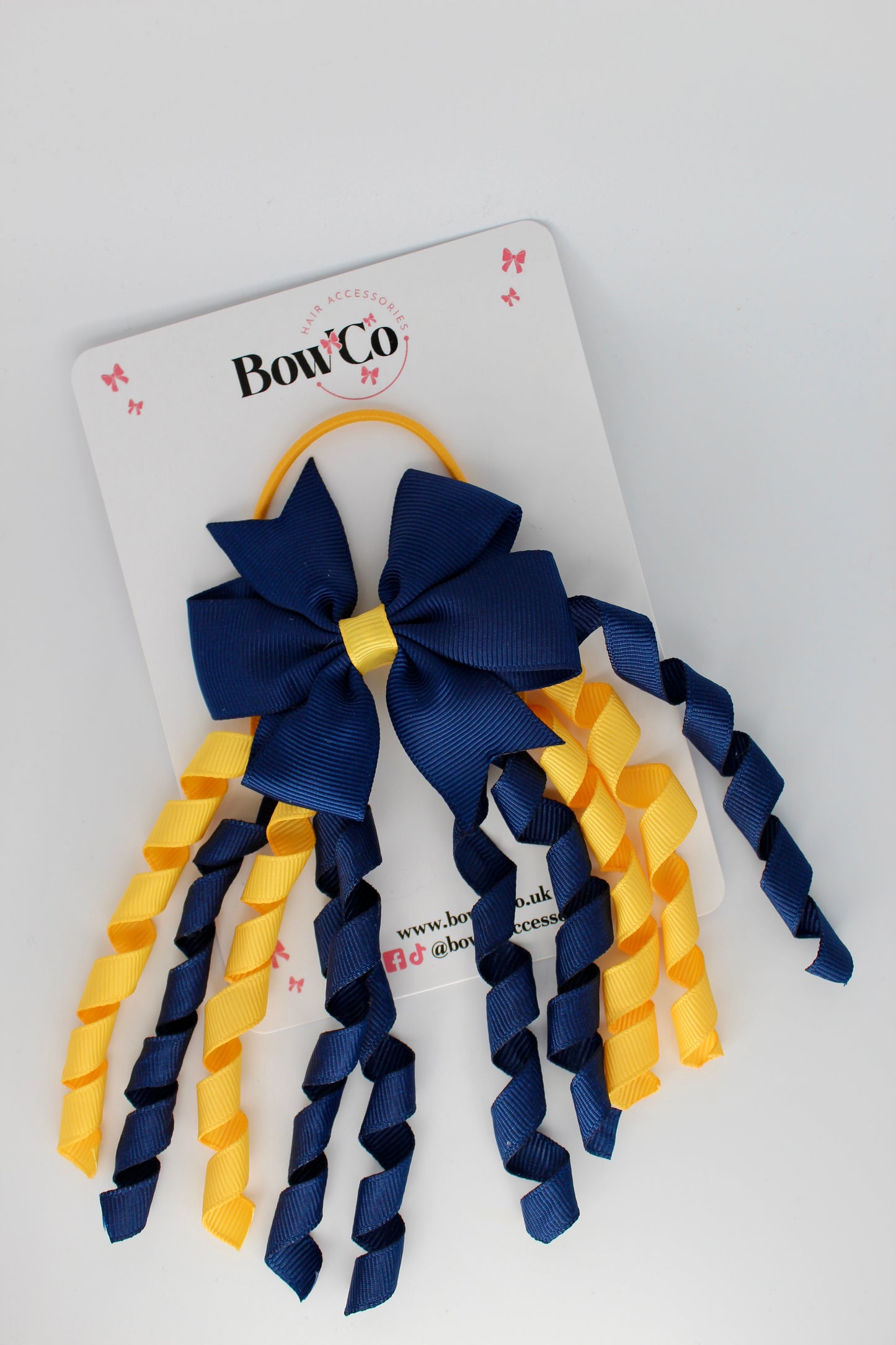 3 Inch Pinwheel Corker Bow - Elastic Bobble - Navy and Yellow Gold