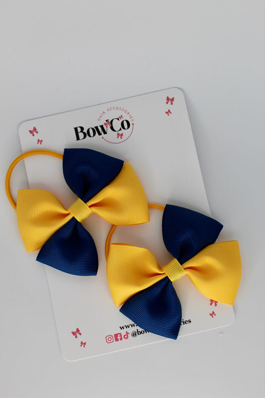 3 Inch Twist Bow - 2 Pack - Elastic Band - Navy and Yellow Gold