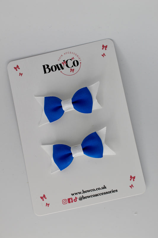 2.5 Inch Layer Tail Bow - Clip - 2 Pack - Royal Blue and White