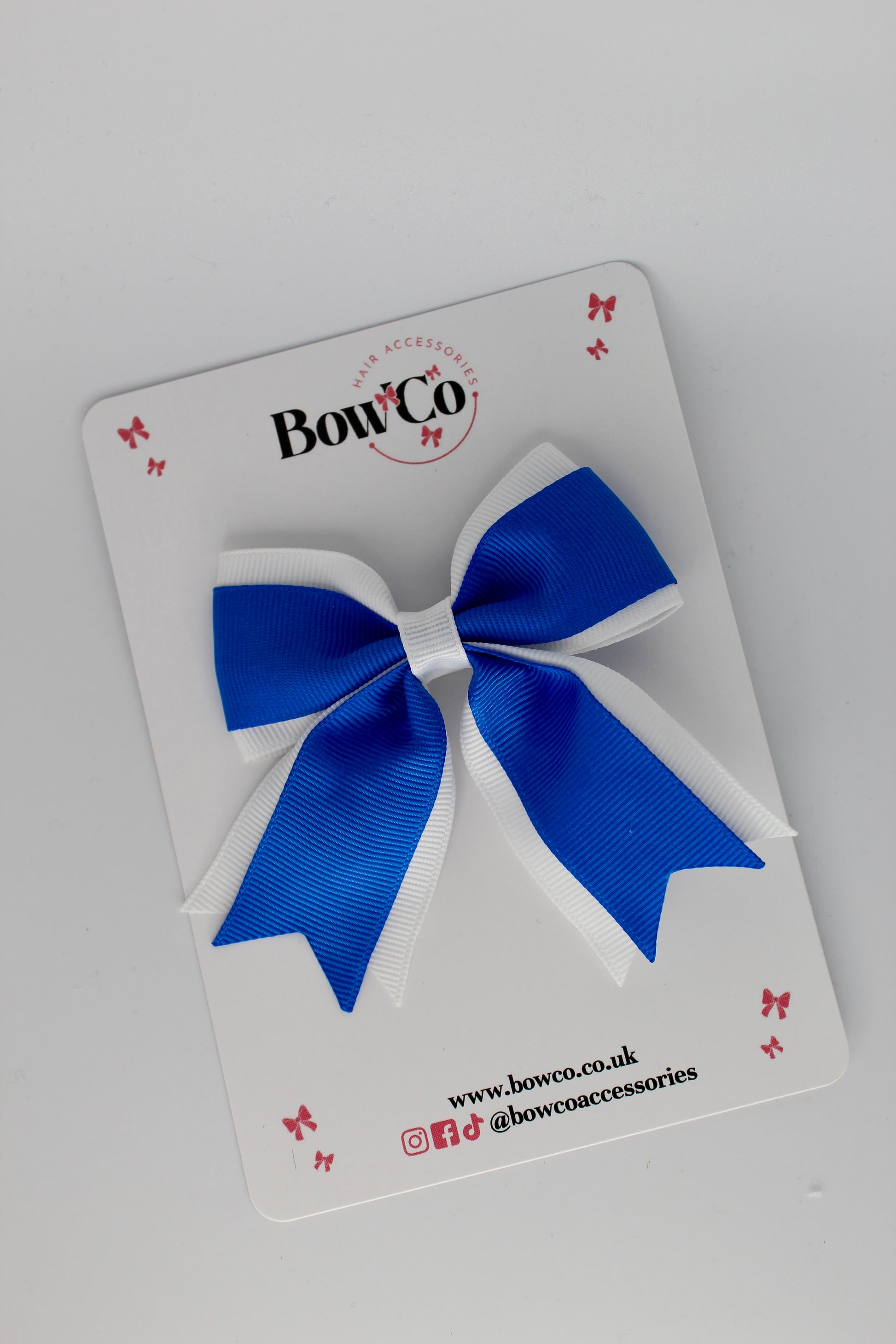 3 Inch Tail Bow Clip - Royal Blue and White