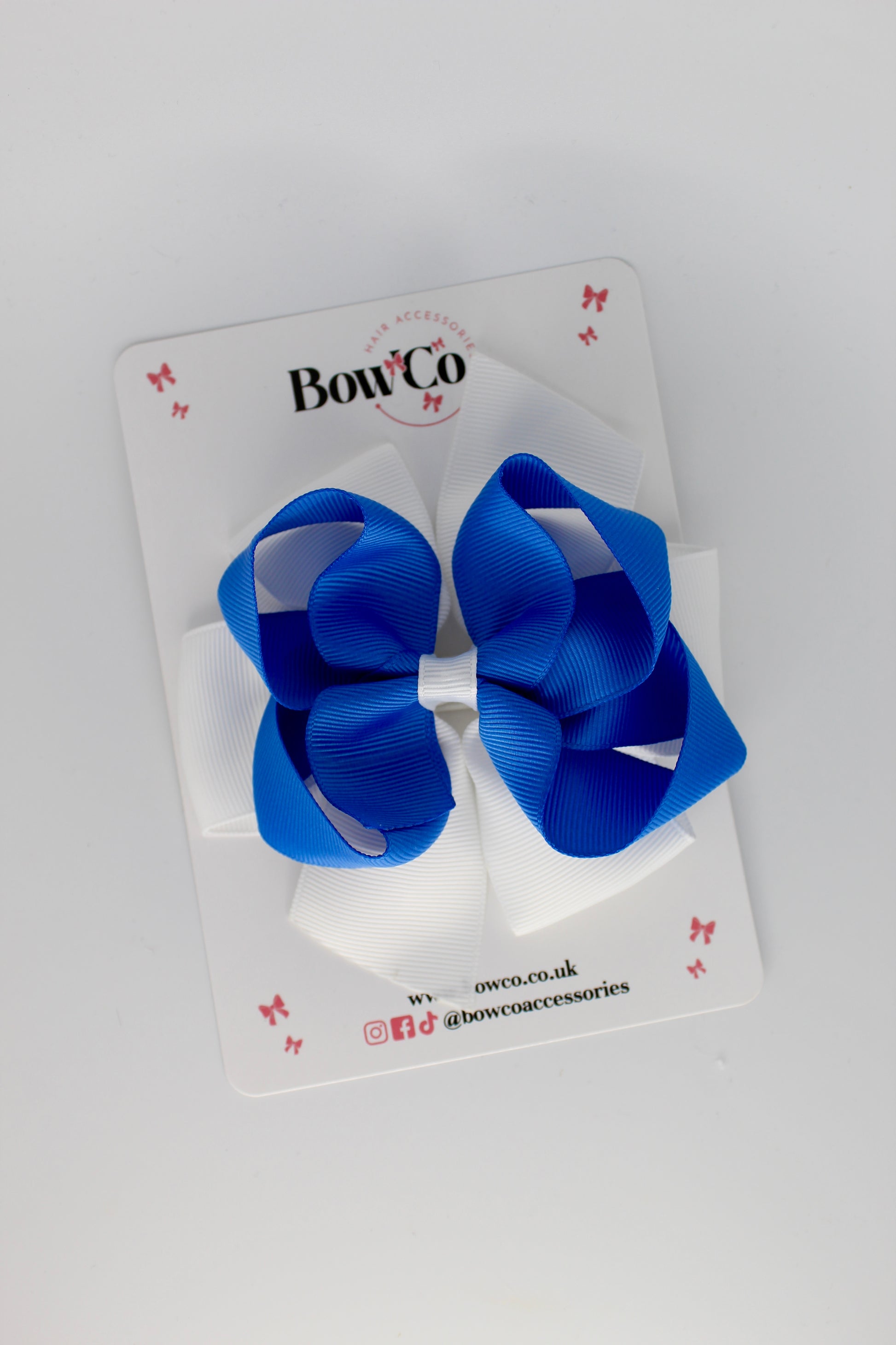 4.5 Inch Double Bow - Clip - Royal Blue and White