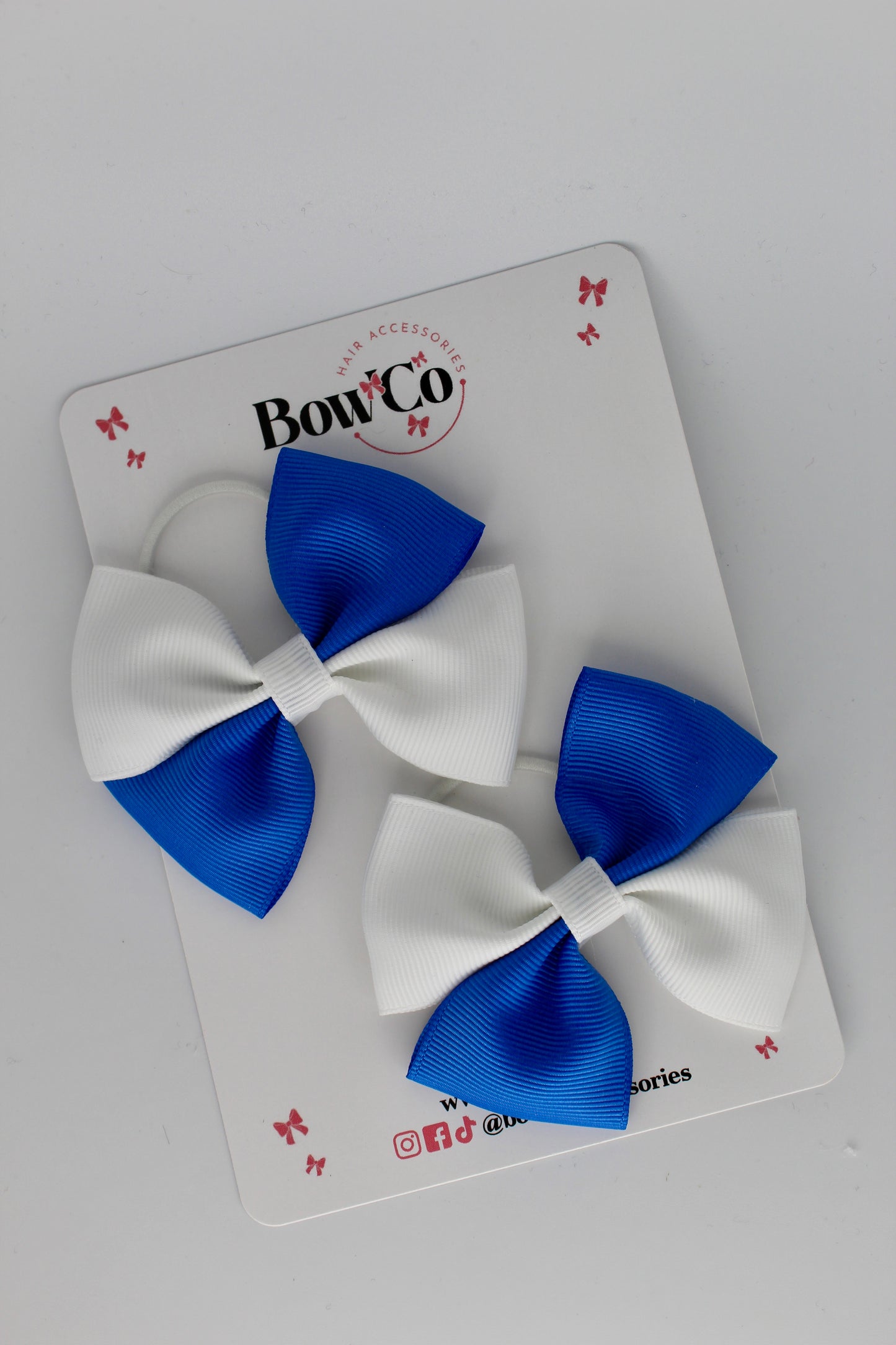 3 Inch Twist Bow - 2 Pack - Elastic Band - Royal Blue and White