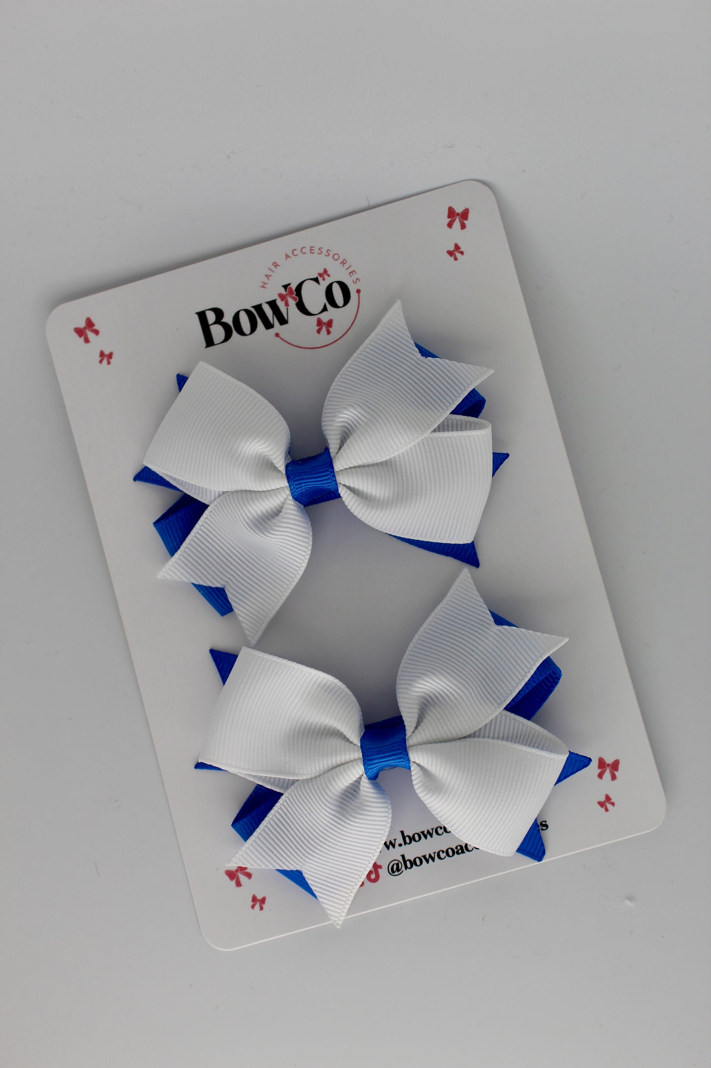 3 Inch Layer Tail Bow - Clip - 2 Pack - Royal Blue and White