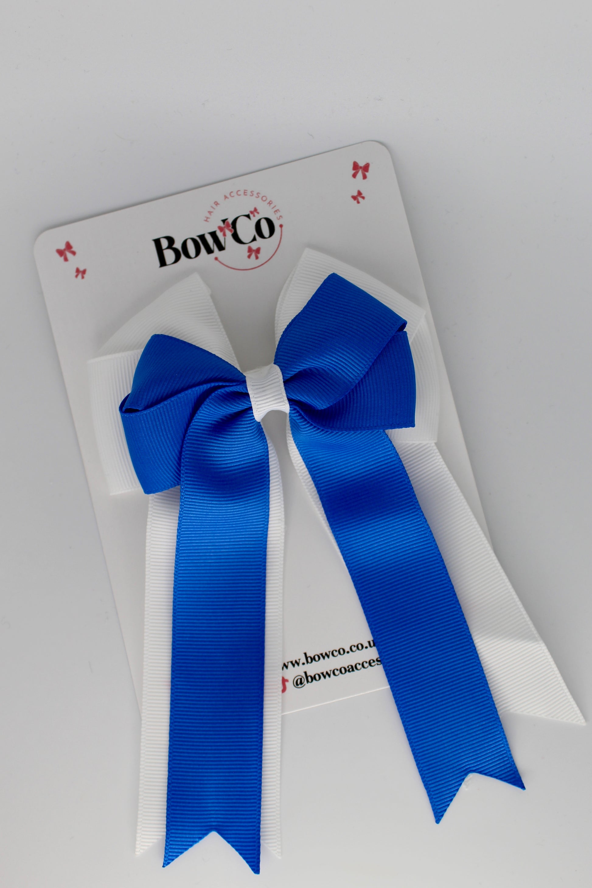 4.5 Inch Ponytail Large Double Tail Bow - Royal Blue and White