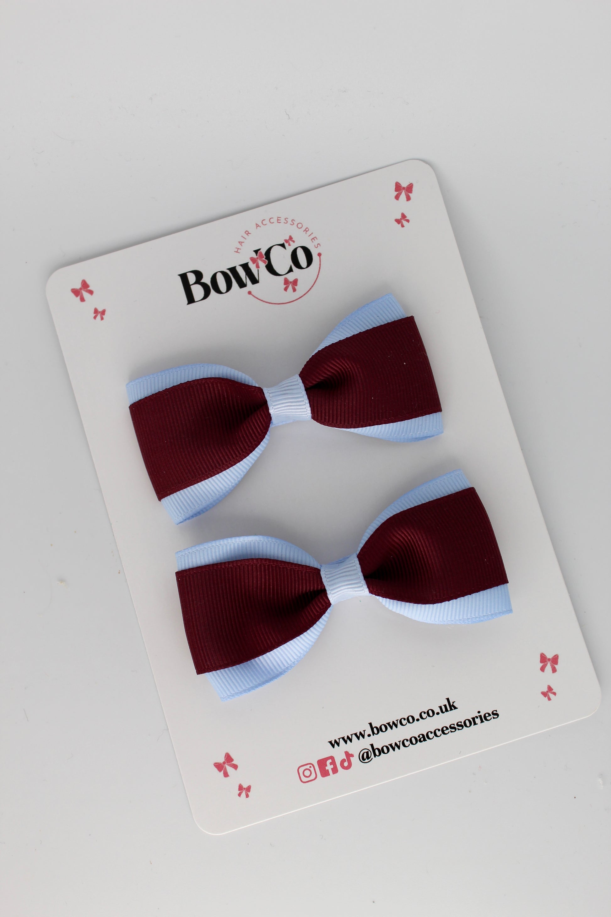 3 Inch Tuxedo Bow - Clip - 2 Pack - Burgundy and Bluebell