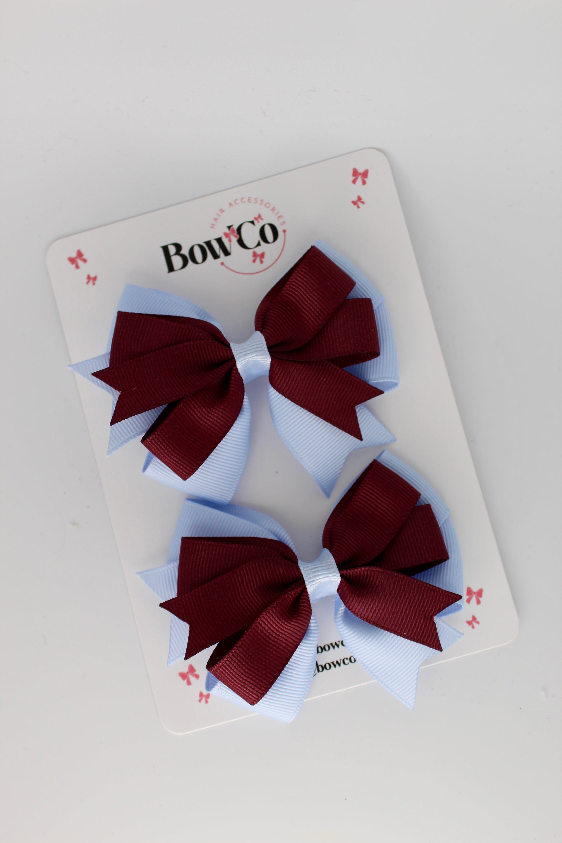 3 Inch Double Tail Bow - Clip - 2 Pack - Burgundy and Bluebell