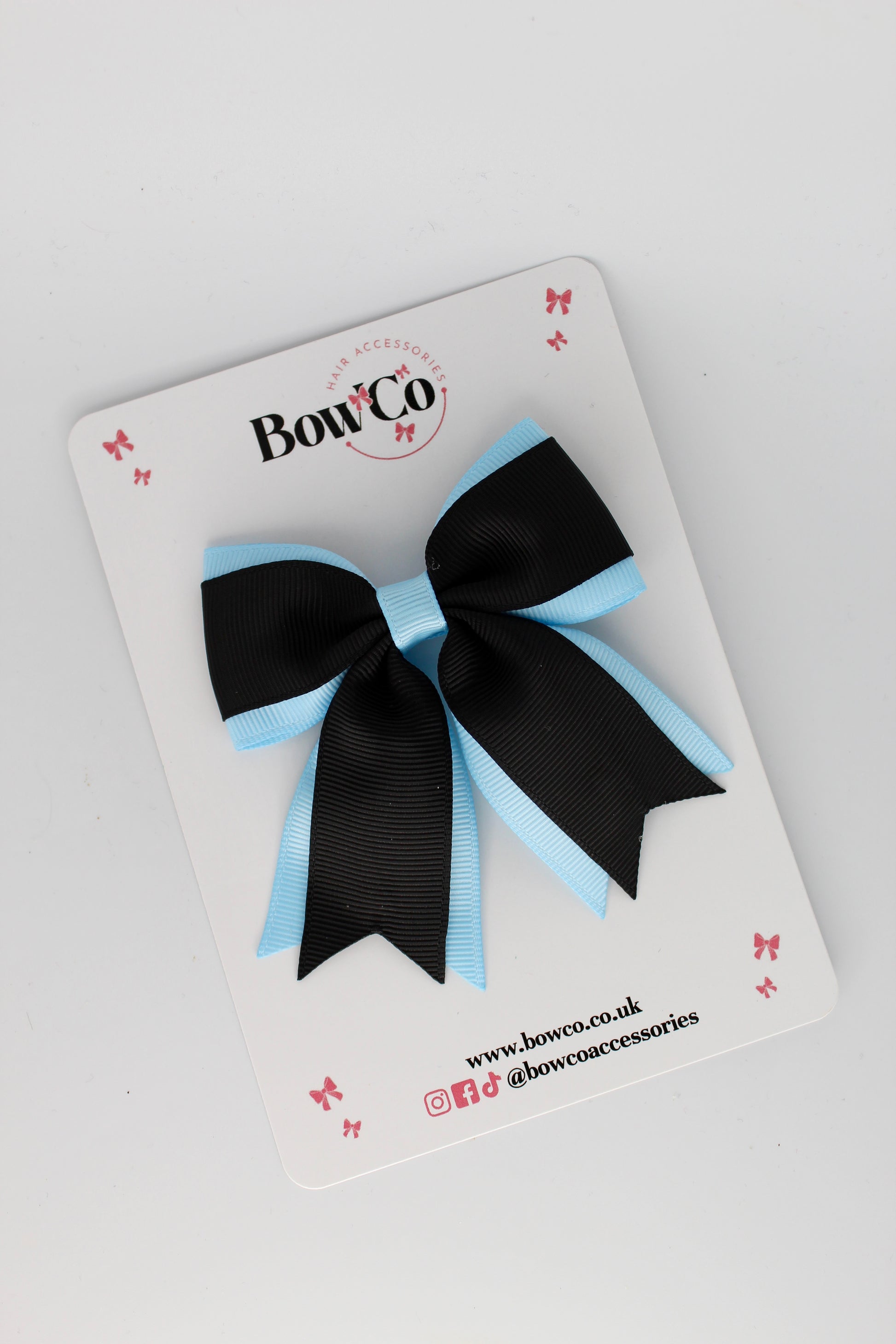 3 Inch Tail Bow Clip - Black and Blue Topaz