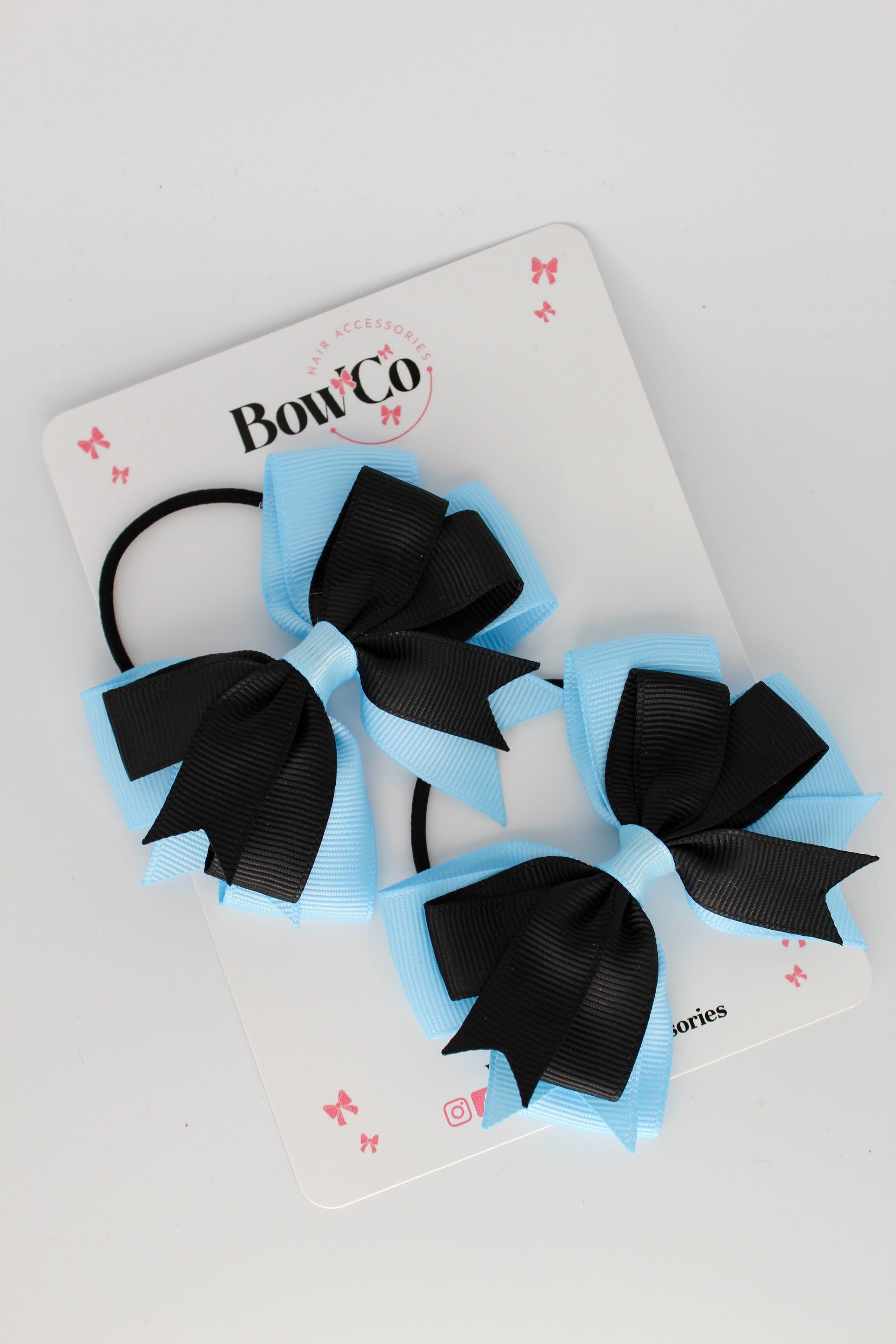 3 Inch Double Tail Bow - Elastic Bobble - 2 Pack - Black and Blue Topaz