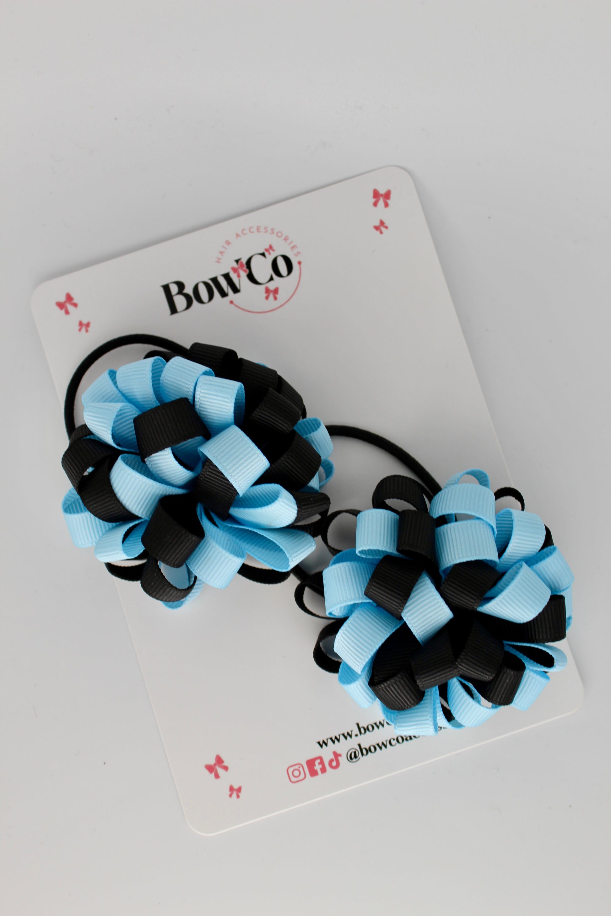 2.5 Inches Pom Pom Elastic Bobble - 2 Pack - Black and Blue Topaz