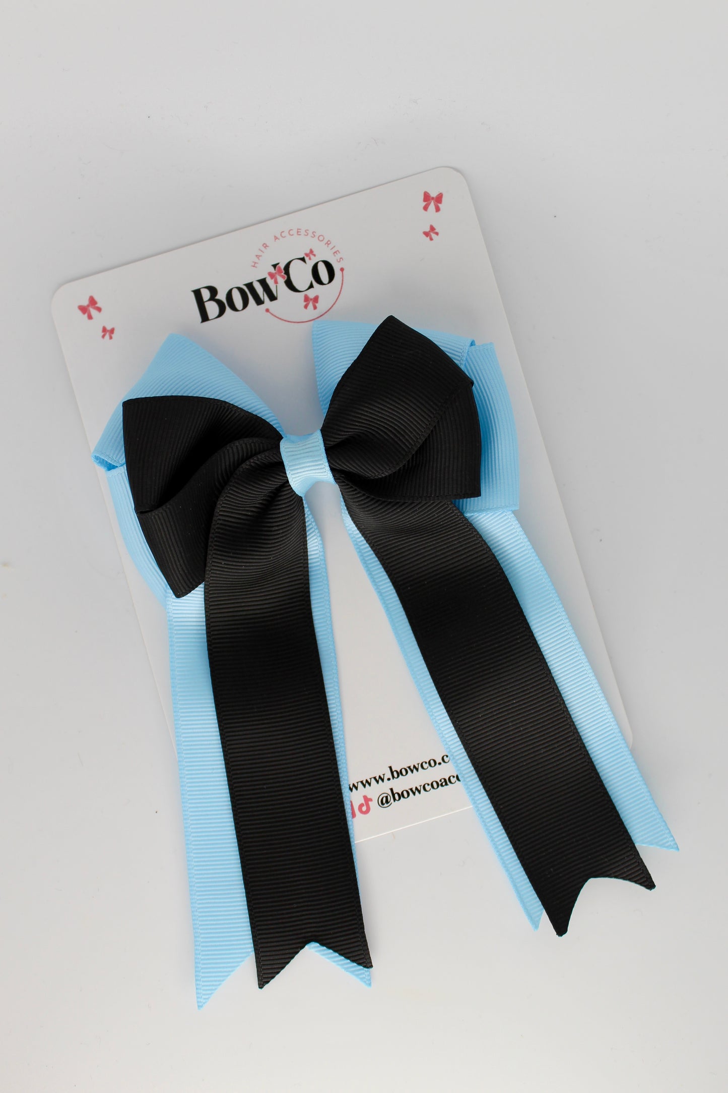 4.5 Inch Ponytail Large Double Tail Bow - Black and Blue Topaz