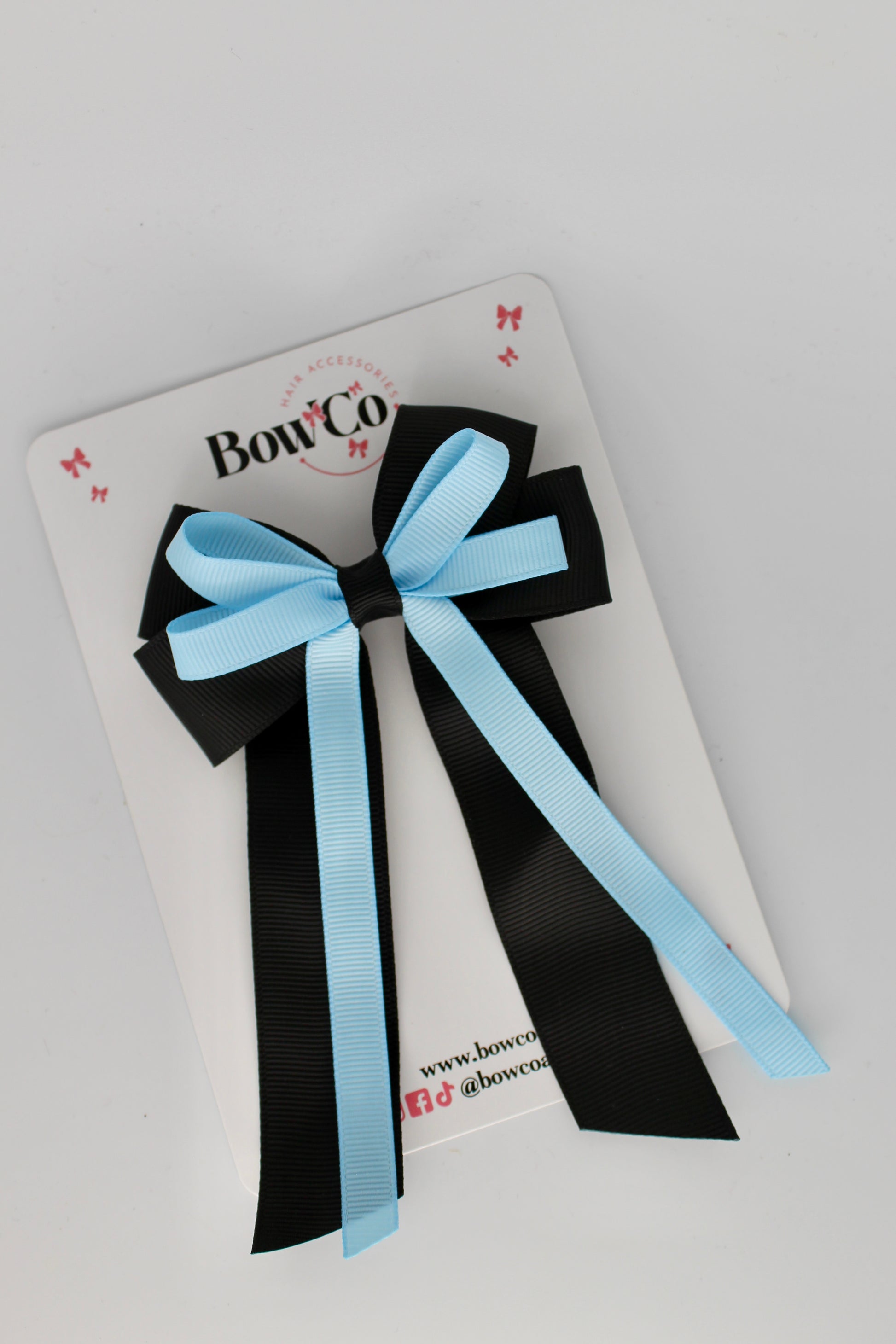 4 Inch Loop Bow Clip PonyTail - Black and Blue Topaz