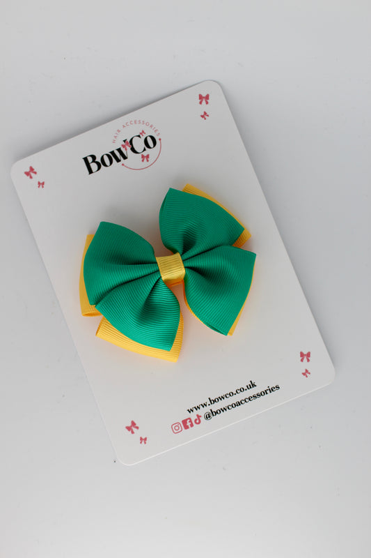 3 Inch Double Layer Bow - Clip - Parrot Green and Yellow Gold