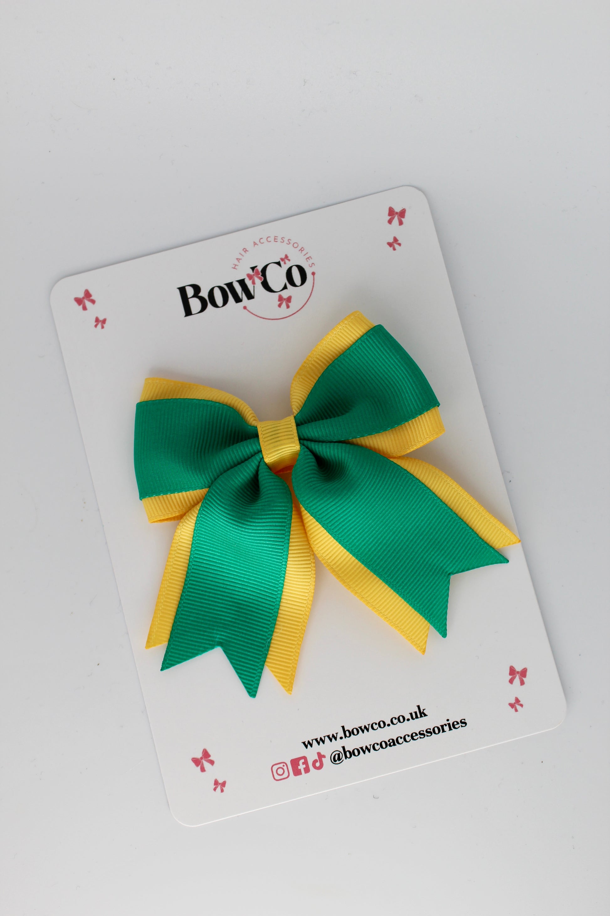 3 Inch Tail Bow Clip - Parrot Green and Yellow Gold